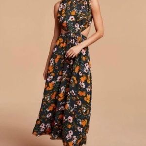 Aritzia Wilfred Pascale Dress Navy Blue Orange Floral Cutout Open Back Maxi -XXS